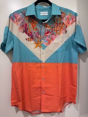Mavrans Teal & Coral Short-Sleeve Button-Down Swim Shirt
